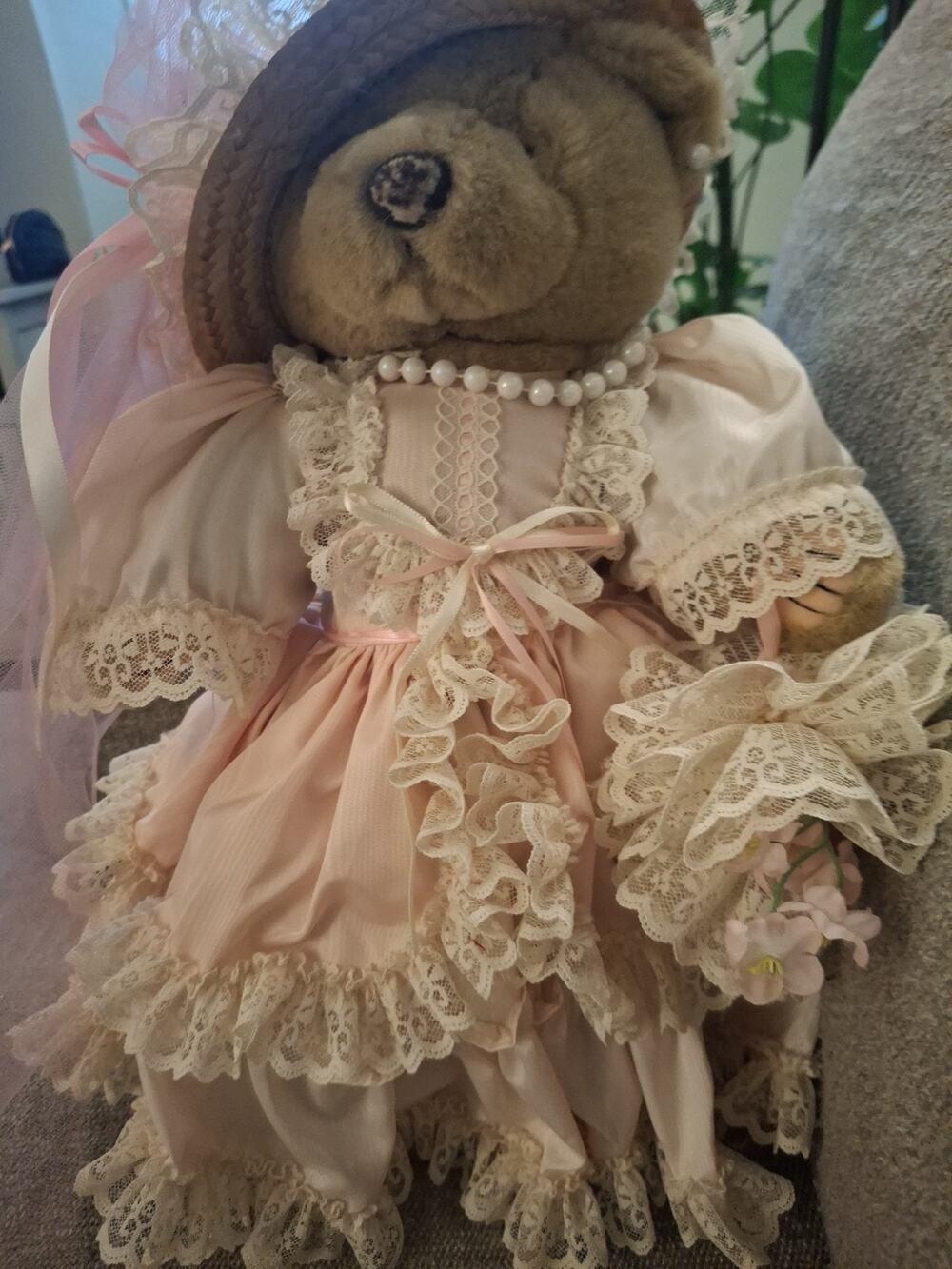 VINTAGE Bearly Bear -in gorgeous Pink lace dress with hat by Bearly People